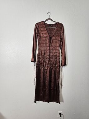 Asos Satin Brown Long Sleeve Smocked Midi Dress Sz 6